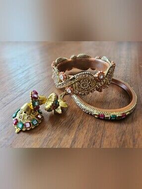 Set Of 2 Kundan Pujabi Jeweled Bangles One W Dangle